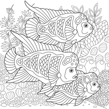 Underwater scene with a school of flowerhorn cichlid. Adult coloring book page with intricate mandala and elementsのイラスト素材