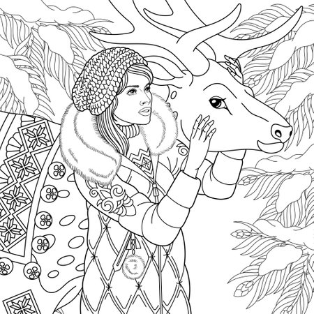 Beautiful young woman with a raindeer in the winter forest. Adult coloring book page with intricate ornament.のイラスト素材