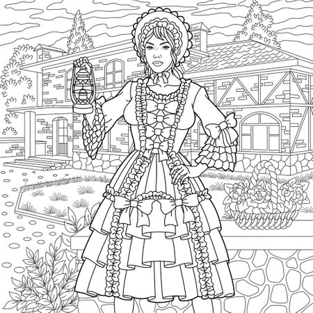 Beautiful vintage woman near the country house. Adult coloring book page with intricate ornament.のイラスト素材