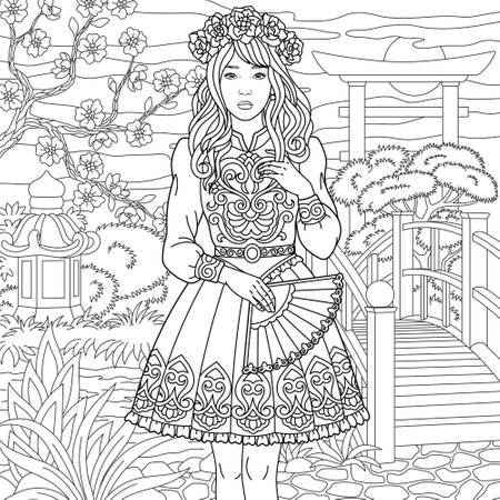 Beautiful young woman in the Japanese floral garden. Adult coloring book page with intricate ornament.のイラスト素材