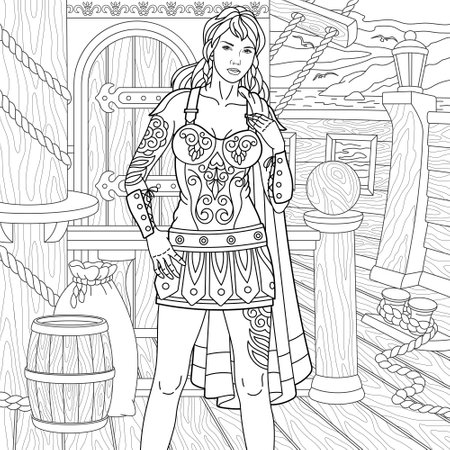 Beautiful ancient woman on the ship. Adult coloring book page with intricate ornament.のイラスト素材