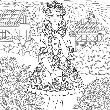 Beautiful young woman in the floral countryside. Adult coloring book page with intricate ornament.のイラスト素材