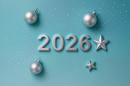 Happy New Year and Merry Christmas greeting card with silver christmas balls on blue background. 3D Renderingの素材