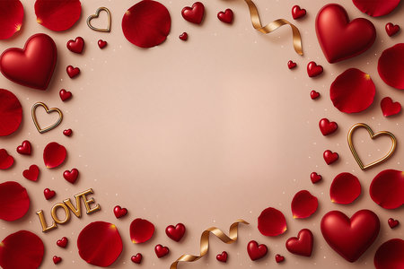 Valentine's day background with red hearts and golden ribbon. Vector illustration.の素材