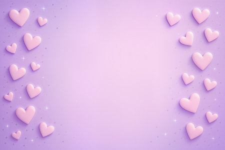 Valentines day background with pink hearts and stars on pastel purple backgroundの素材