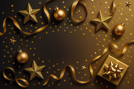 Merry Christmas and Happy New Year background with gold decorations. Vector illustration.の素材