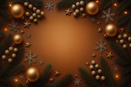 Christmas background with fir branches, golden balls and snowflakes. Vector illustration.の素材