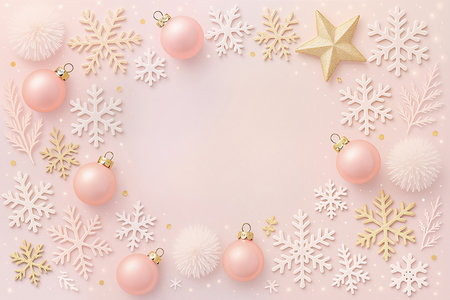 Christmas background with snowflakes and pink baubles. Flat lay, top view.の素材