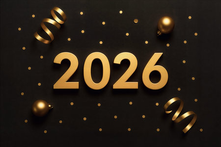 Happy New Year 2016. Golden numbers on black background with golden confetti.の素材