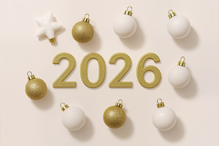 Happy New Year 2016. 3D illustration. White christmas baubles on white background.の素材