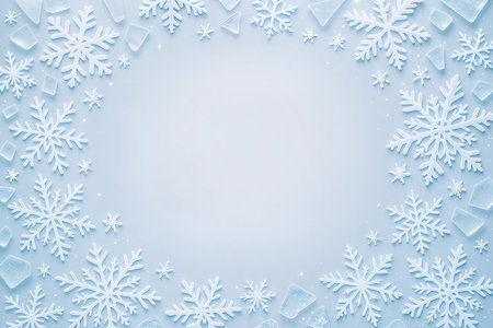 Winter background with snowflakes and ice cubes on light blue backgroundの素材