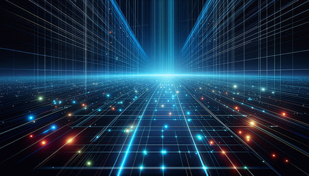 Abstract technology background with lines and glowing particles. 3D Renderingの素材