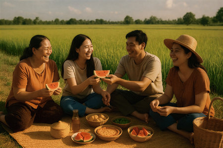 Happy asian family sitting on a rice field and eating watermelonの素材