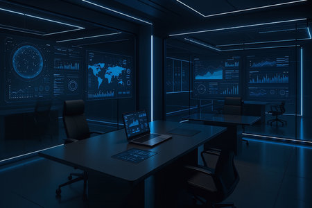 Dark office interior with blue neon lights, computer monitors and laptop on table. 3d renderingの素材