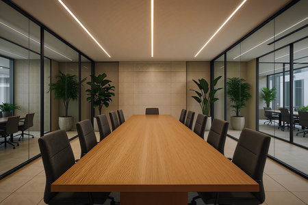 Interior of modern conference room with wooden table and chairs. 3d renderingの素材