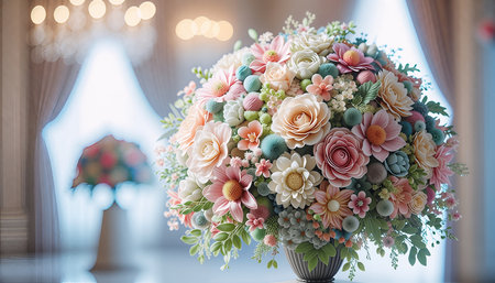 Beautiful wedding bouquet of flowers in vase on the tableの素材