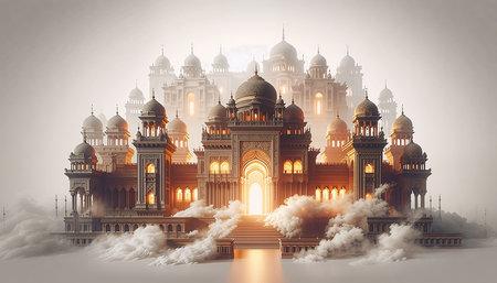 Mosque in the clouds. 3D illustration. Vintage style.の素材