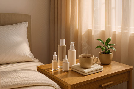 Composition with cosmetic products on wooden table in bedroom. 3d renderの素材