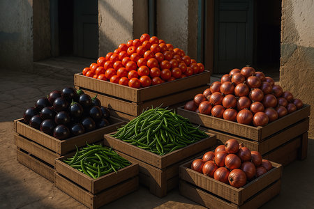 Fresh vegetables in wooden boxes on the street market, 3d renderの素材