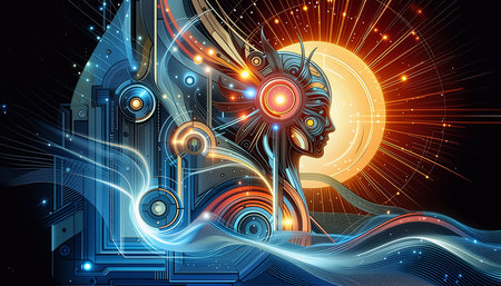 Abstract technology background with human head and glowing lights. Vector illustration.の素材
