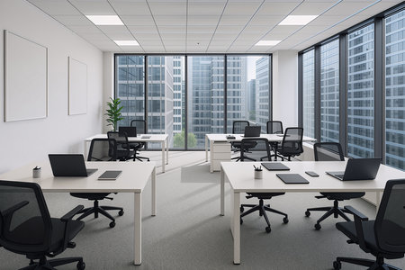 Interior of modern open space office with white walls, concrete floor, rows of computer tables with black chairs and panoramic windows. 3d renderingの素材