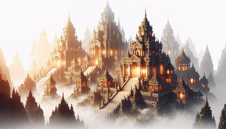 Mystical temples in the fog. 3d render illustration.の素材