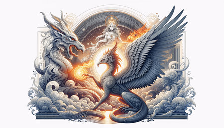 Heraldic dragon with fire and smoke. Vector vintage illustration.の素材