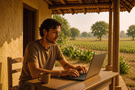 Young man working on his laptop while sitting at a wooden terrace in the countrysideの素材