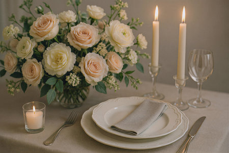 Festive table setting with white roses, candles and cutleryの素材