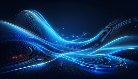Abstract blue light lines on dark background. Vector illustration for your designの素材