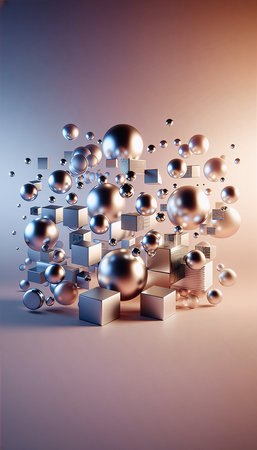 3d illustration of abstract geometric composition with golden and silver balls.の素材