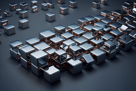 3d rendering of a group of silver metallic cubes on a dark backgroundの素材