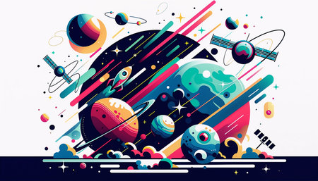 Vector illustration of space theme with planets, stars and comets.の素材