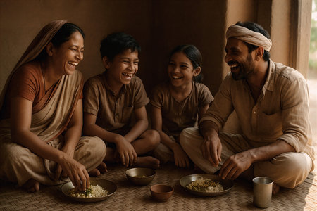 Indian family sitting at home and eating rice. They are smiling and looking at camera.の素材