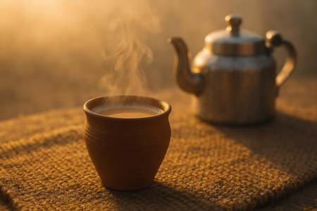 Cup of hot tea and teapot on sackcloth backgroundの素材