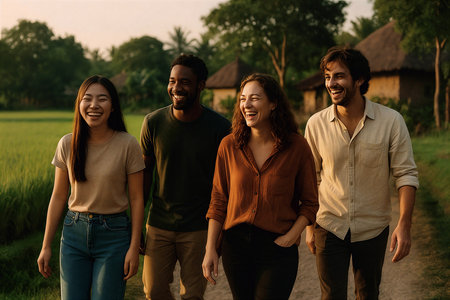 Group of happy multiethnic friends having fun together outdoors. Cheerful young men and women walking in the rice field.の素材