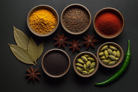 Spices and herbs in bowls on black background. Top view.の素材