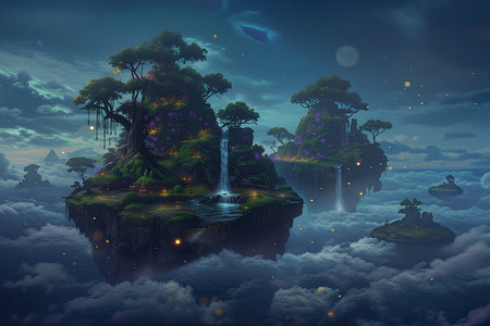 Fantasy landscape with a waterfall in the clouds. 3d renderの素材