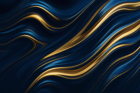 abstract blue background with golden wavy lines and waves in itの素材