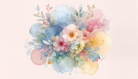Watercolor bouquet of flowers in pastel colors on white backgroundの素材