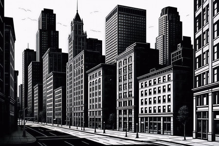 Sketch of a modern city in black and white. Skyscrapers and streets.の素材