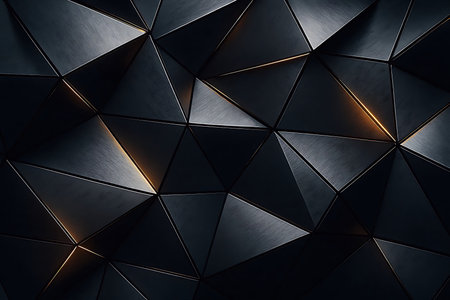 Black metal background with golden triangle pattern. 3d render illustration.の素材