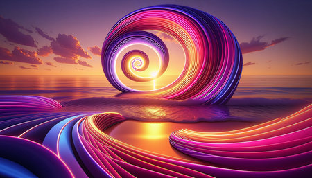3d illustration of abstract background with spiral in the sea at sunsetの素材