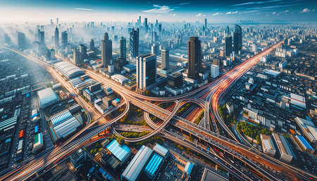 Aerial view of expressway with cityscape in Shanghai,China.の素材