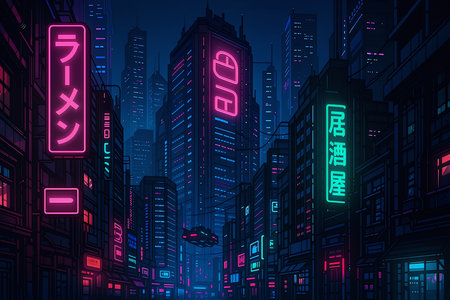 Futuristic city at night with neon lights. Vector illustration.の素材