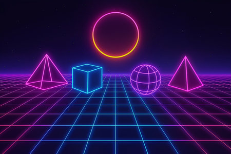 Retro 80s Sci-Fi Background with Geometric Shapes. 3d Renderingの素材