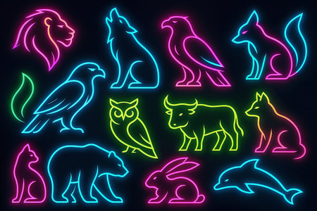 Animals neon icons set on black background. Vector illustration in neon style.の素材