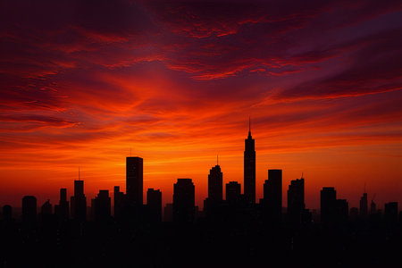 Silhouette of New York City skyline at sunset, USA.の素材