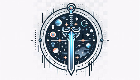 Abstract vector illustration of magic sword in space. Futuristic technology style.の素材