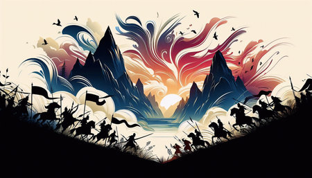 Illustration of a medieval battle scene with silhouettes of warriors and horsesの素材
